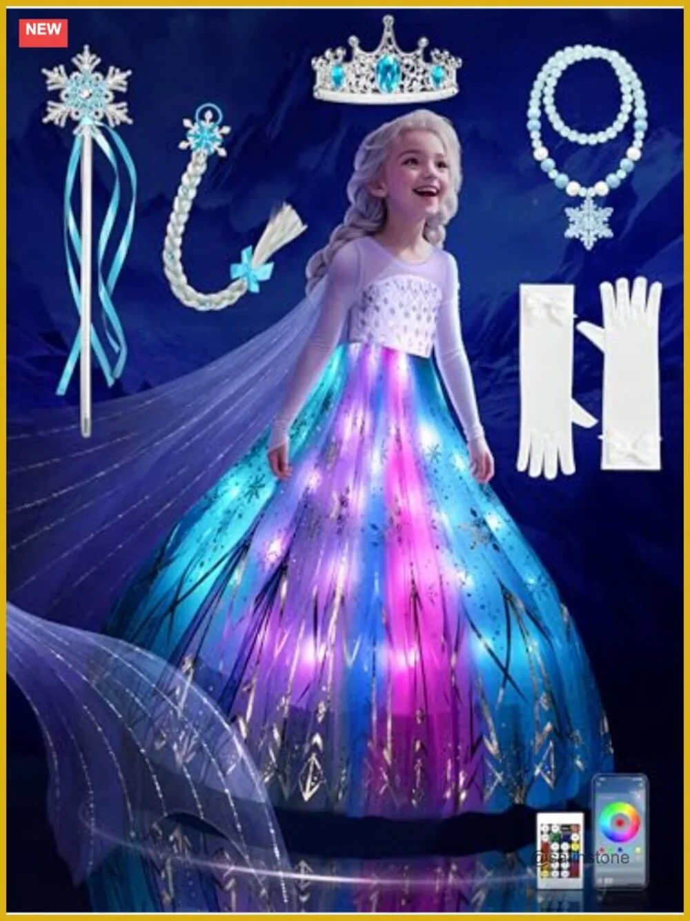 Light Up Princess Costume Dress with Cape, Wand & Crown for Girls
